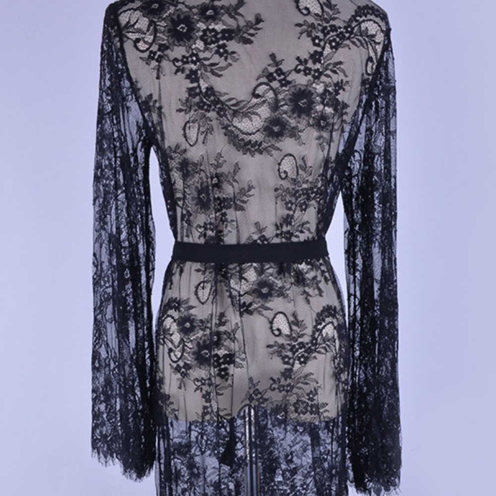 LONG SLEEVE LACE MAXI KIMONO COVERUP CARDIGAN BLK - Picture 9 of 9